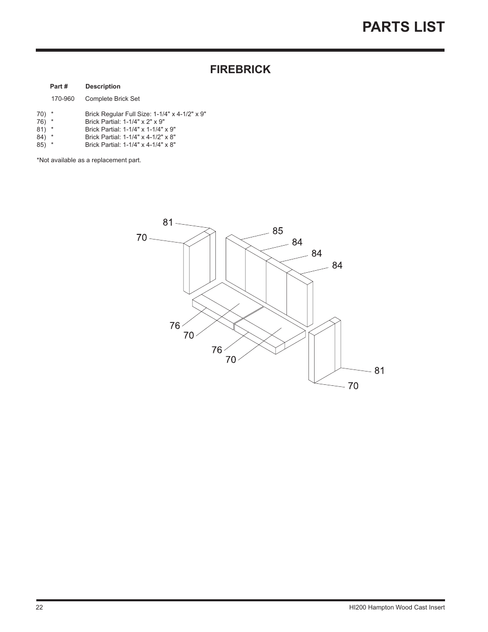 Parts list, Firebrick | Hampton Direct Wood Insert HI200 User Manual | Page 22 / 24