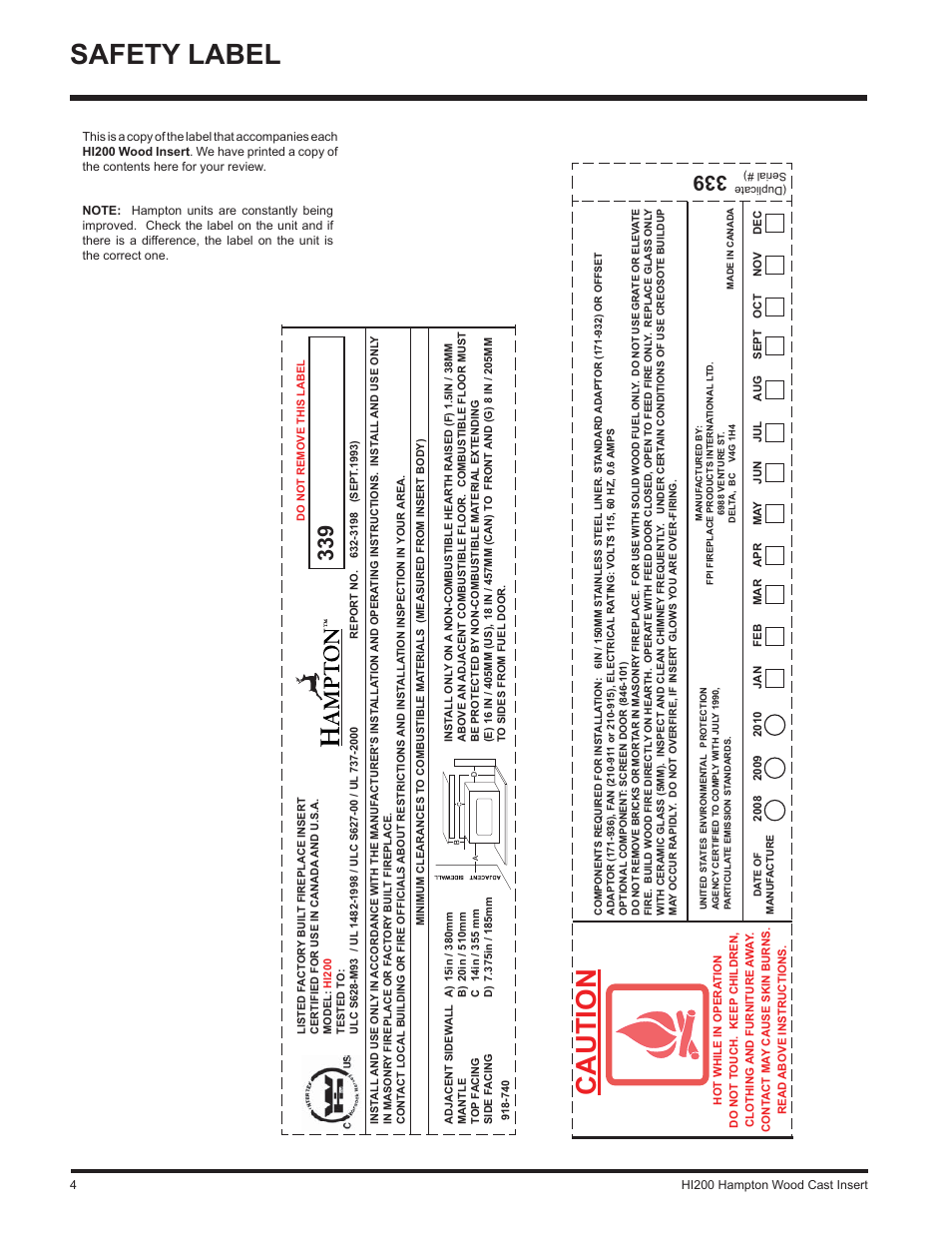 Safety label, Caution | Hampton Direct Wood Insert HI200 User Manual | Page 4 / 24