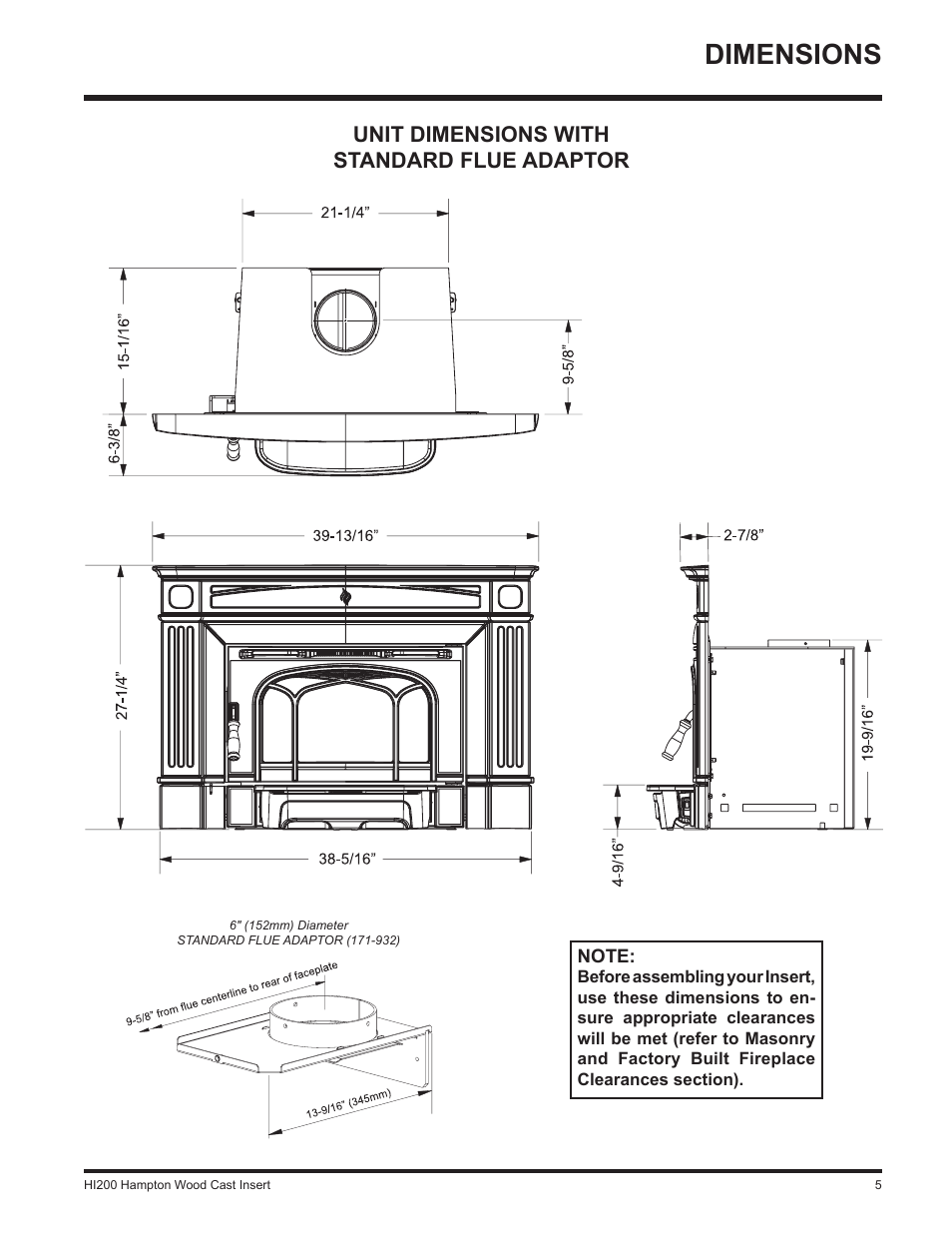 Dimensions, Unit dimensions with standard flue adaptor | Hampton Direct Wood Insert HI200 User Manual | Page 5 / 24