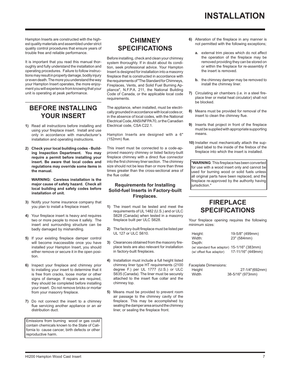 Installation, Chimney specifications, Before installing your insert | Fireplace specifications | Hampton Direct Wood Insert HI200 User Manual | Page 7 / 24