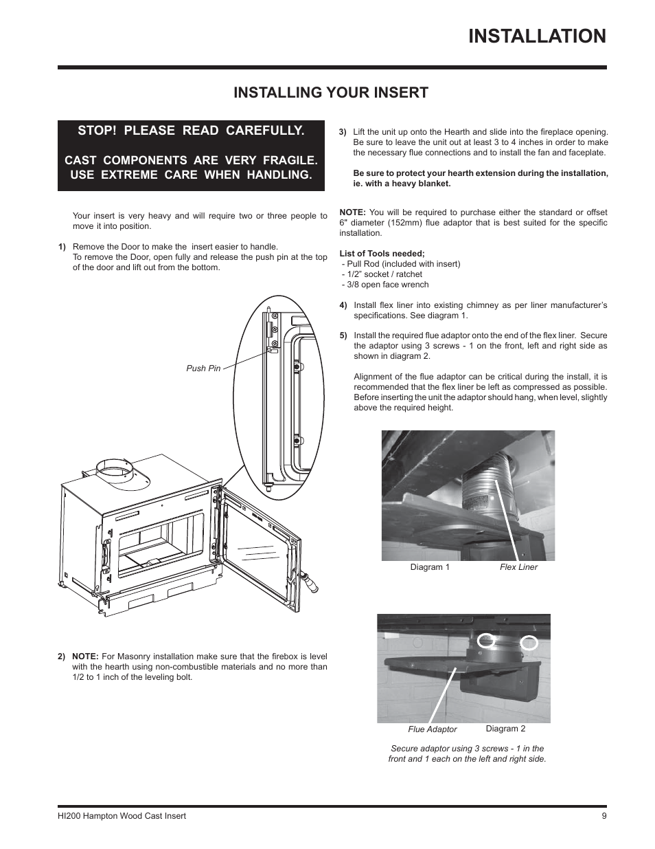 Installation, Installing your insert, Stop! please read carefully | Hampton Direct Wood Insert HI200 User Manual | Page 9 / 24