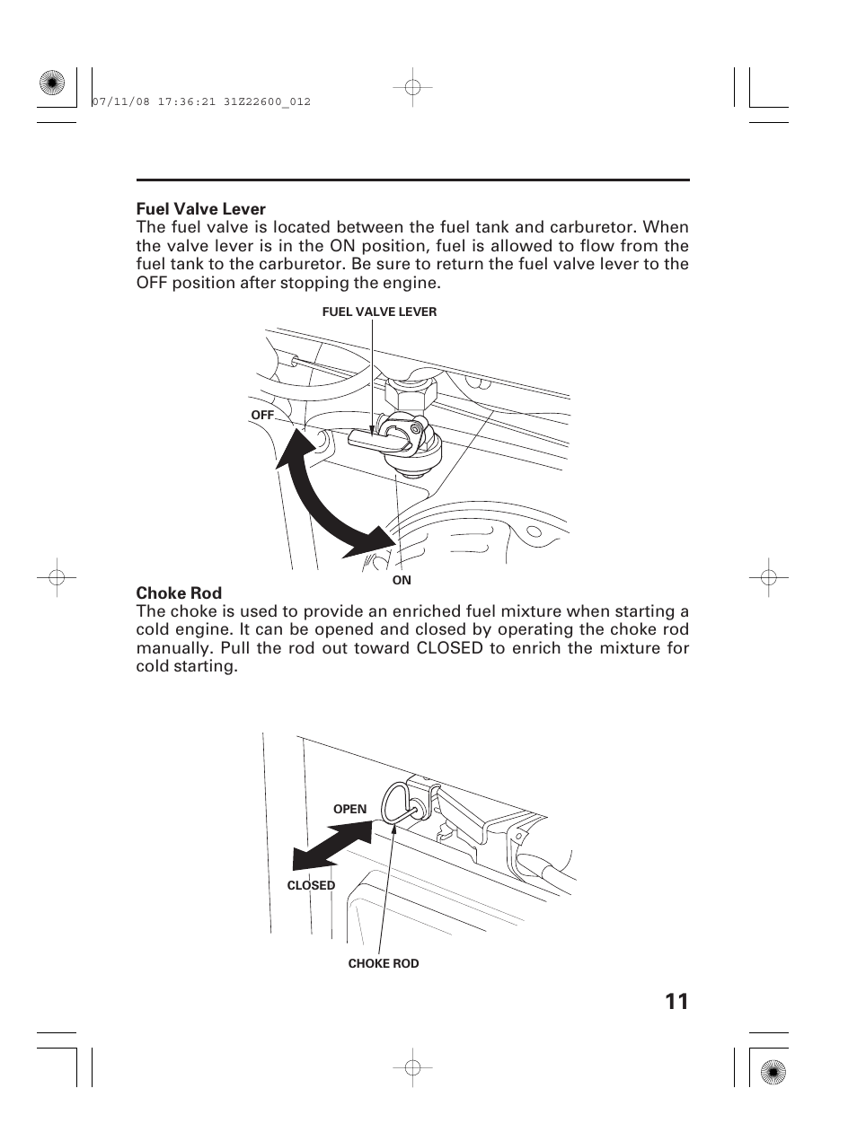 Fuel valve lever, Choke rod, Fuel valve lever choke rod | HONDA EB5000X User Manual | Page 13 / 71