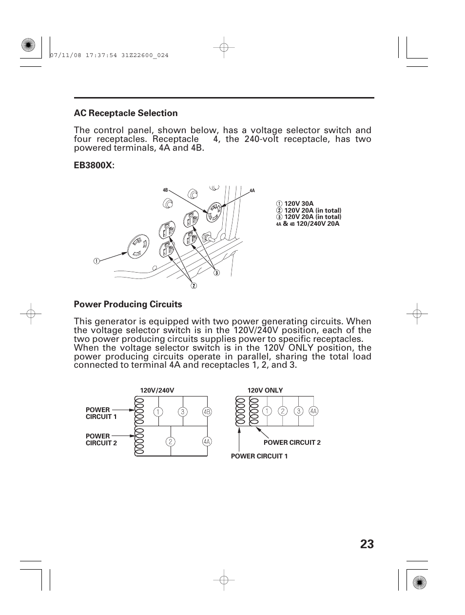 Eb3800x ac receptacle selection, Eb3800x power producing circuits | HONDA EB5000X User Manual | Page 25 / 71