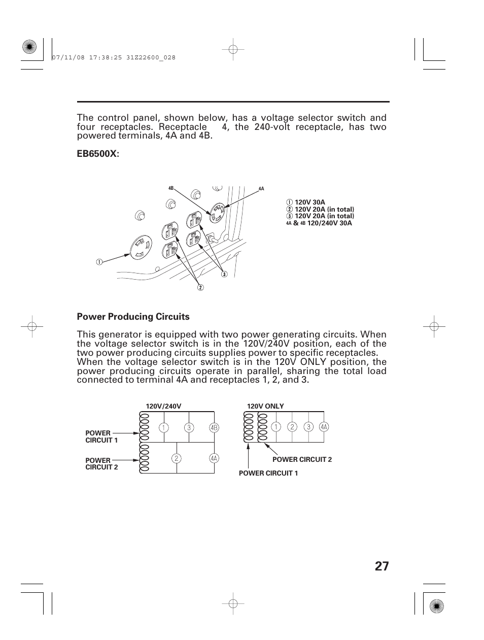 Eb6500x ac receptacle selection, Eb6500x power producing circuits, Power producing circuits eb6500x | HONDA EB5000X User Manual | Page 29 / 71