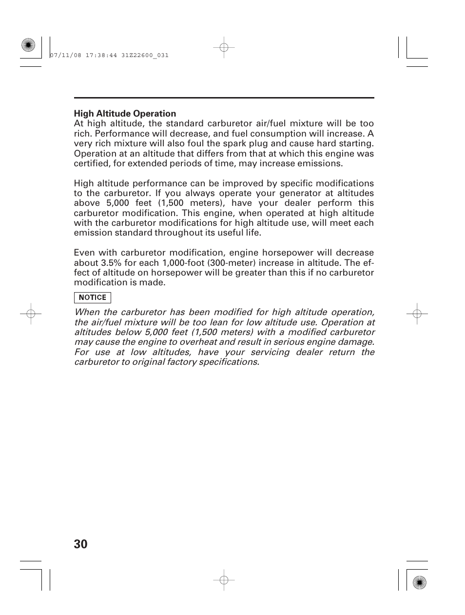High altitude operation | HONDA EB5000X User Manual | Page 32 / 71