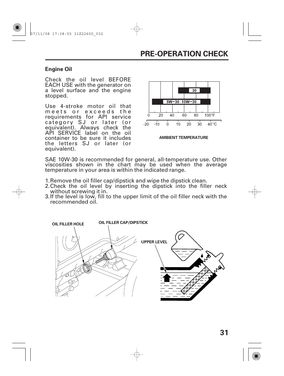 Pre-operation check, Engine oil, 31 pre-operation check | HONDA EB5000X User Manual | Page 33 / 71