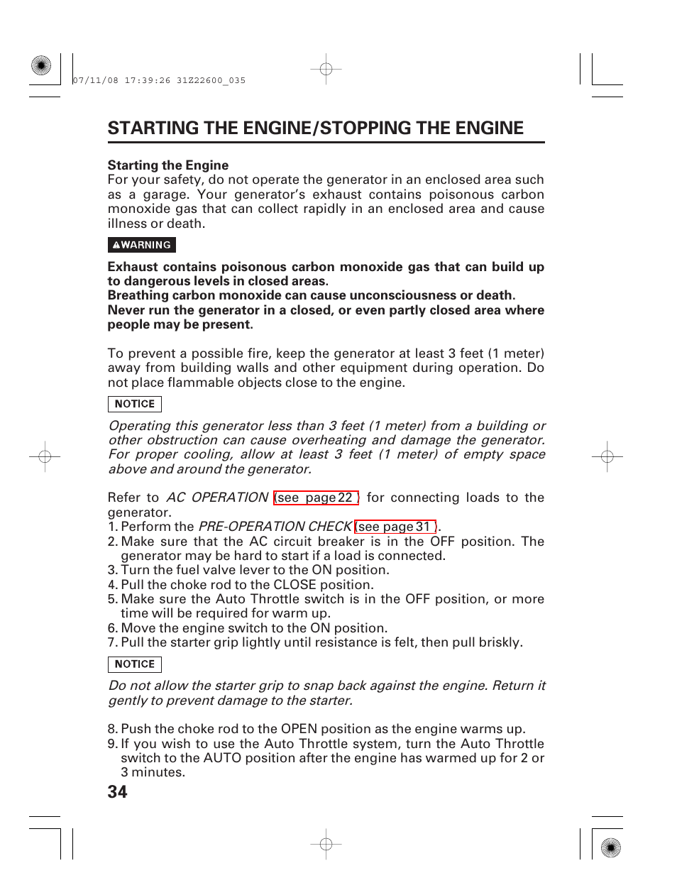 Starting the engine/stopping the engine, Starting the engine, 34 starting the engine/stopping the engine | HONDA EB5000X User Manual | Page 36 / 71