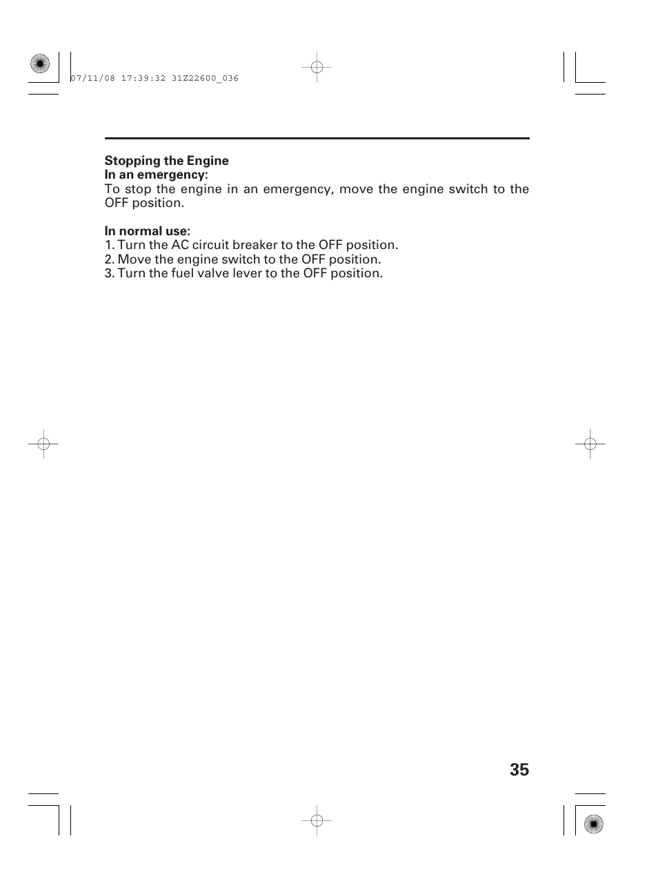 Stopping the engine | HONDA EB5000X User Manual | Page 37 / 71