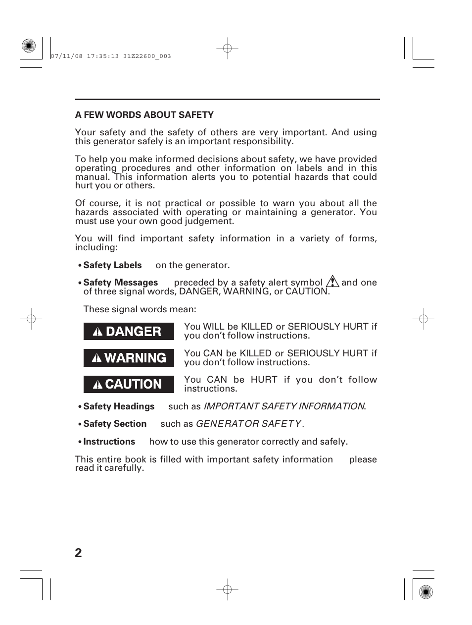 A few words about safety | HONDA EB5000X User Manual | Page 4 / 71
