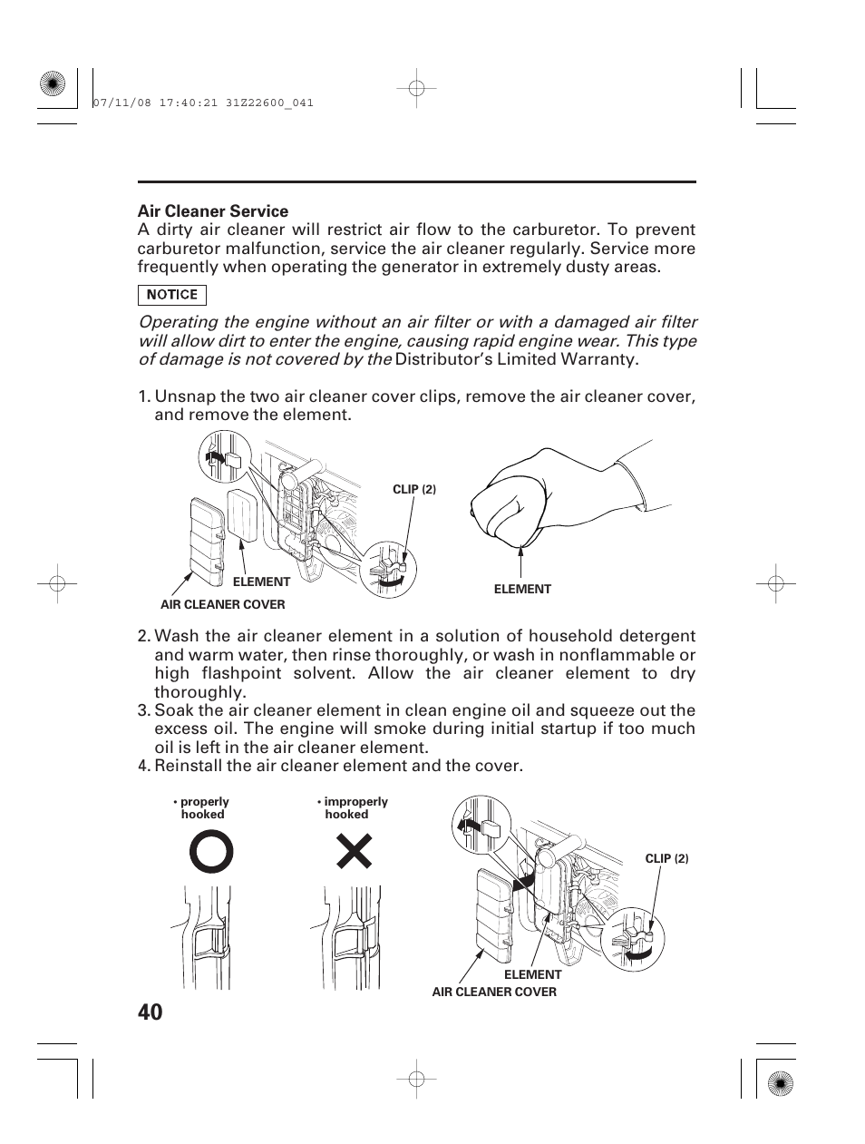 Air cleaner service | HONDA EB5000X User Manual | Page 42 / 71