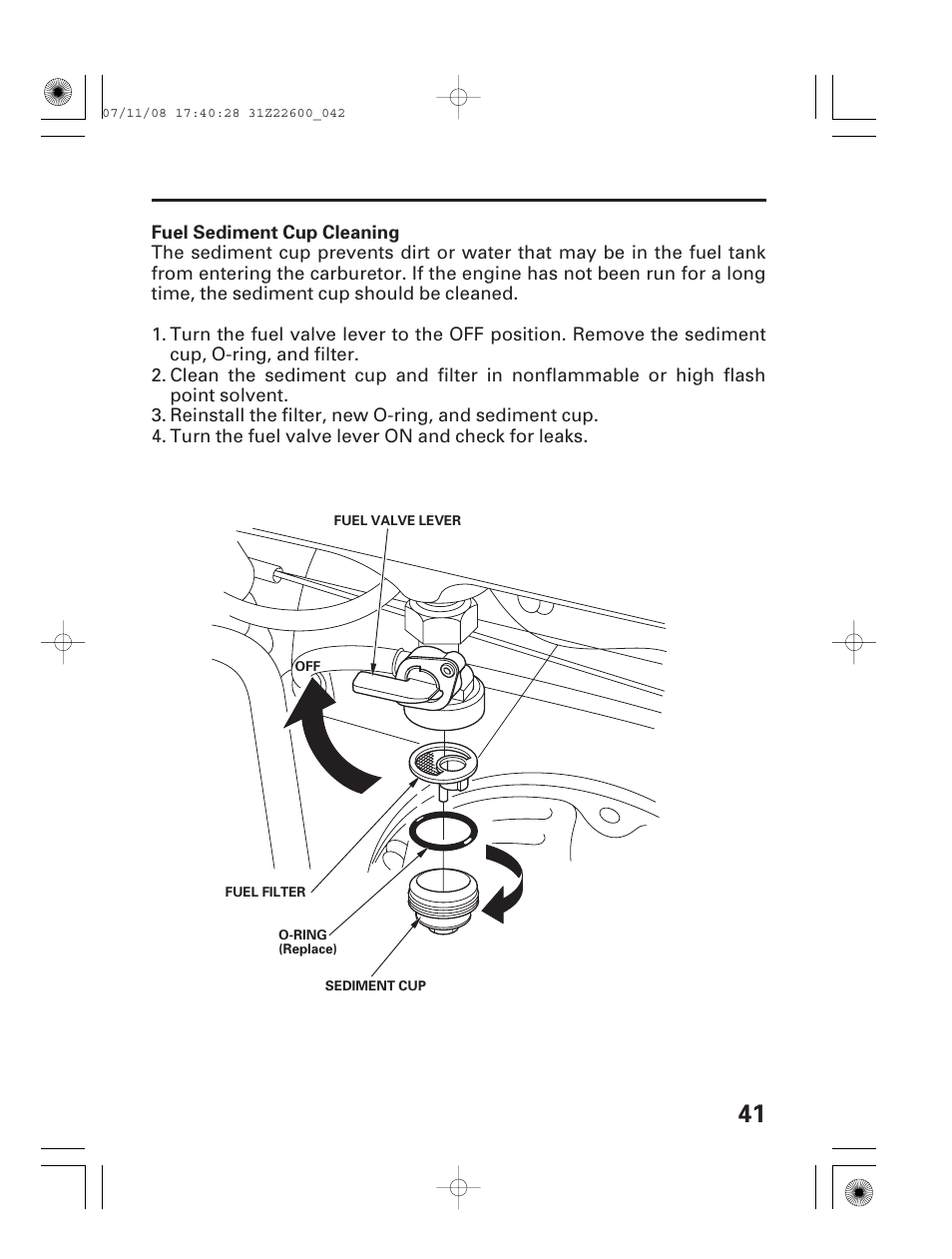 Fuel sediment cup cleaning | HONDA EB5000X User Manual | Page 43 / 71