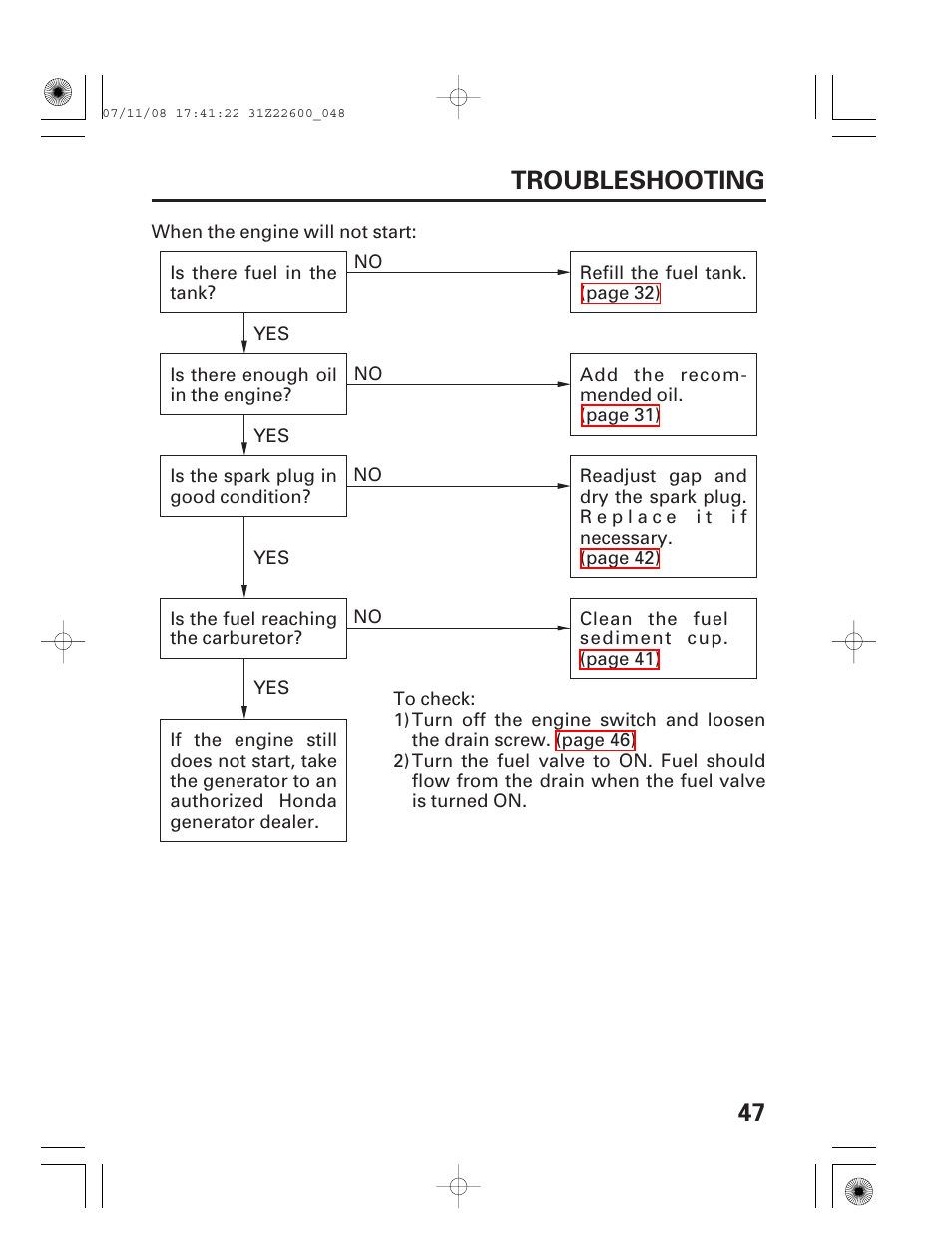 Troubleshooting, 47 troubleshooting | HONDA EB5000X User Manual | Page 49 / 71
