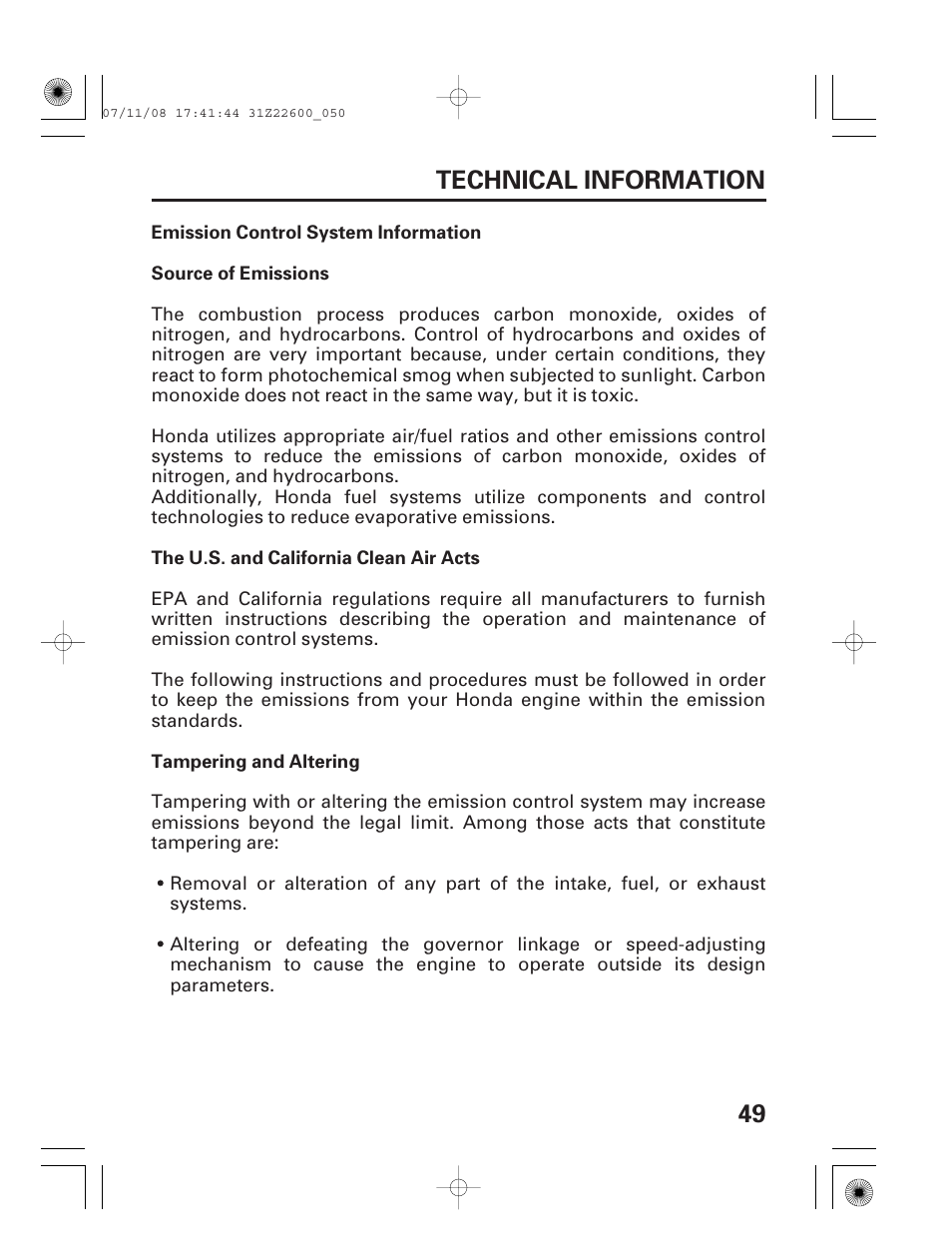 Technical information, Emission control system information, 49 technical information | HONDA EB5000X User Manual | Page 51 / 71