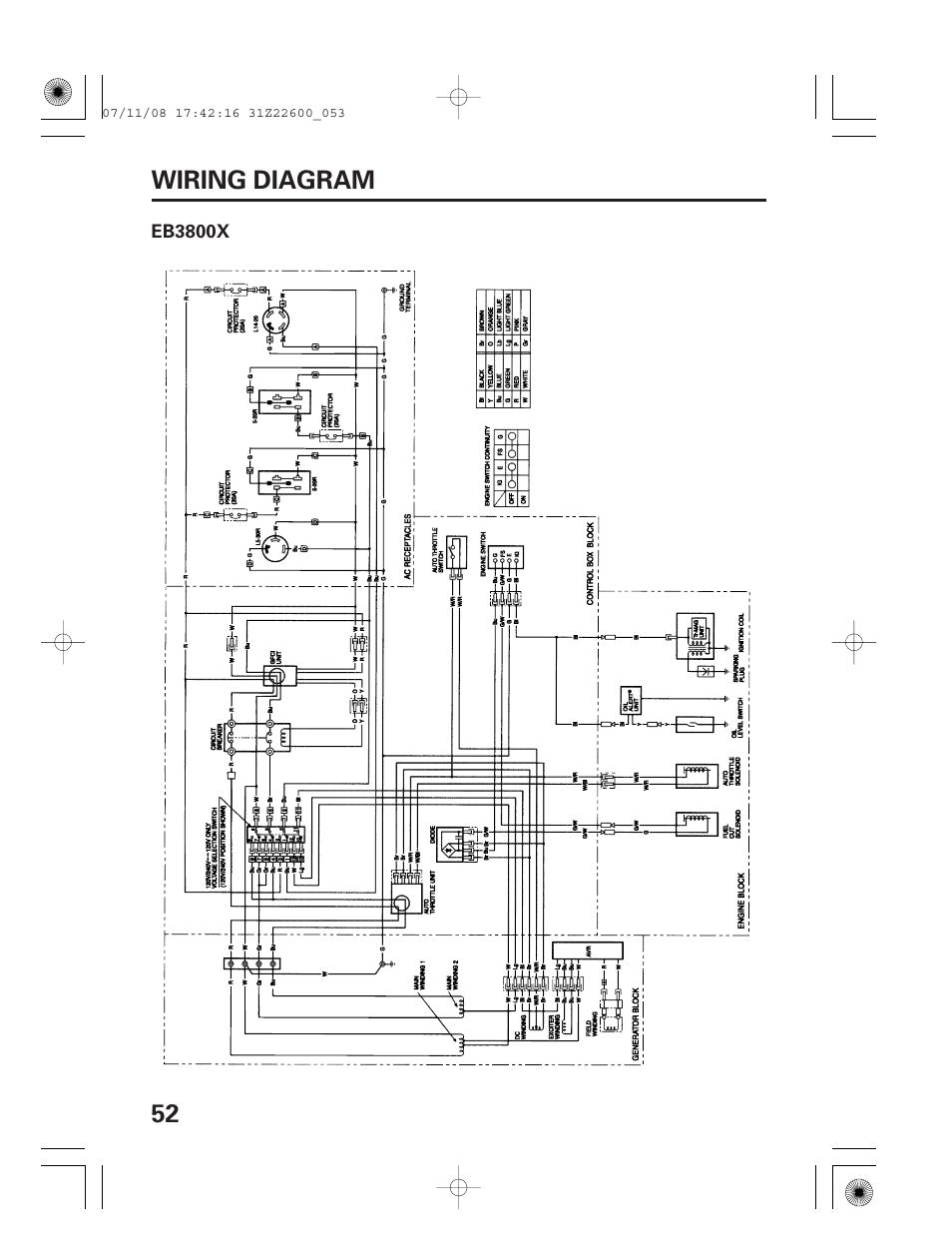 Wiring diagram, Eb3800x, 52 wiring diagram | HONDA EB5000X User Manual | Page 54 / 71