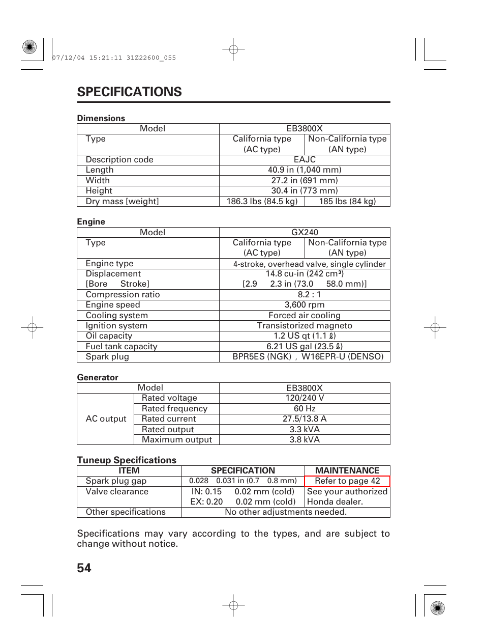 Eb3800x, Specifications, 54 specifications | HONDA EB5000X User Manual | Page 56 / 71