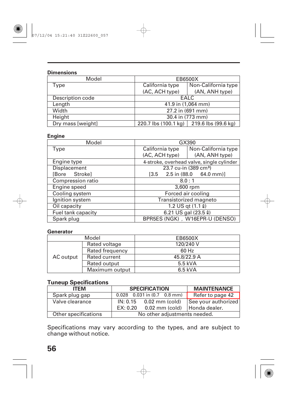 Eb6500x | HONDA EB5000X User Manual | Page 58 / 71