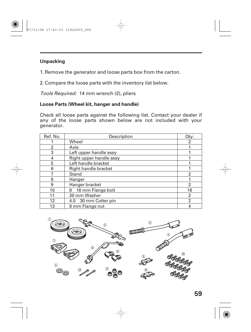 Unpacking, Loose parts (wheel kit, hanger, handle) | HONDA EB5000X User Manual | Page 61 / 71