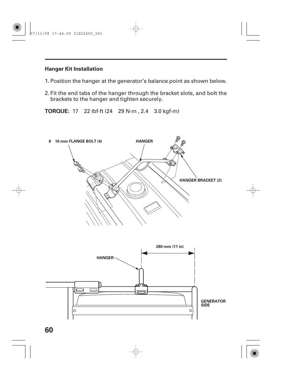 Hanger kit installation | HONDA EB5000X User Manual | Page 62 / 71