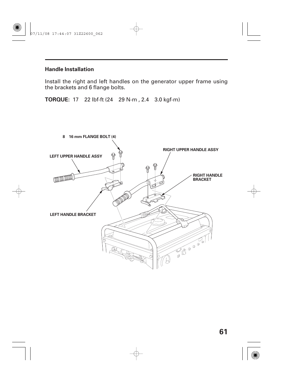 Handle installation | HONDA EB5000X User Manual | Page 63 / 71