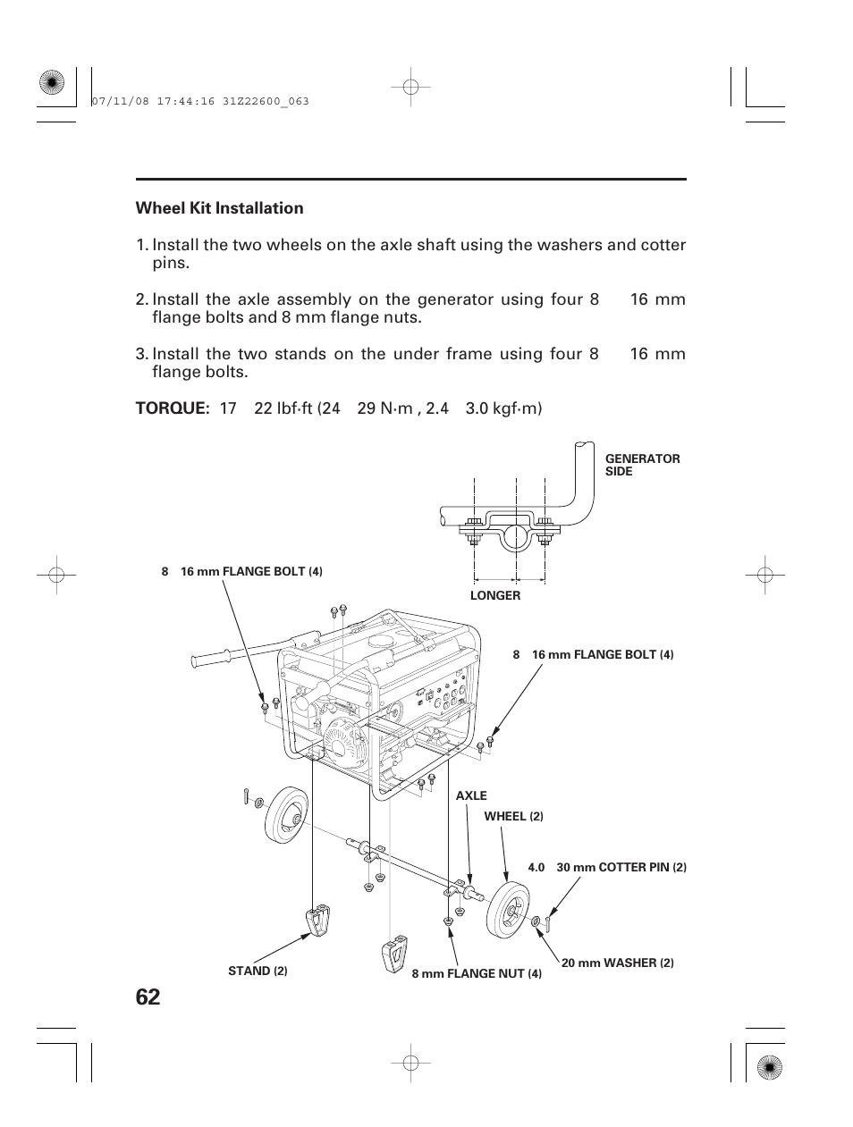 Wheel kit installation | HONDA EB5000X User Manual | Page 64 / 71
