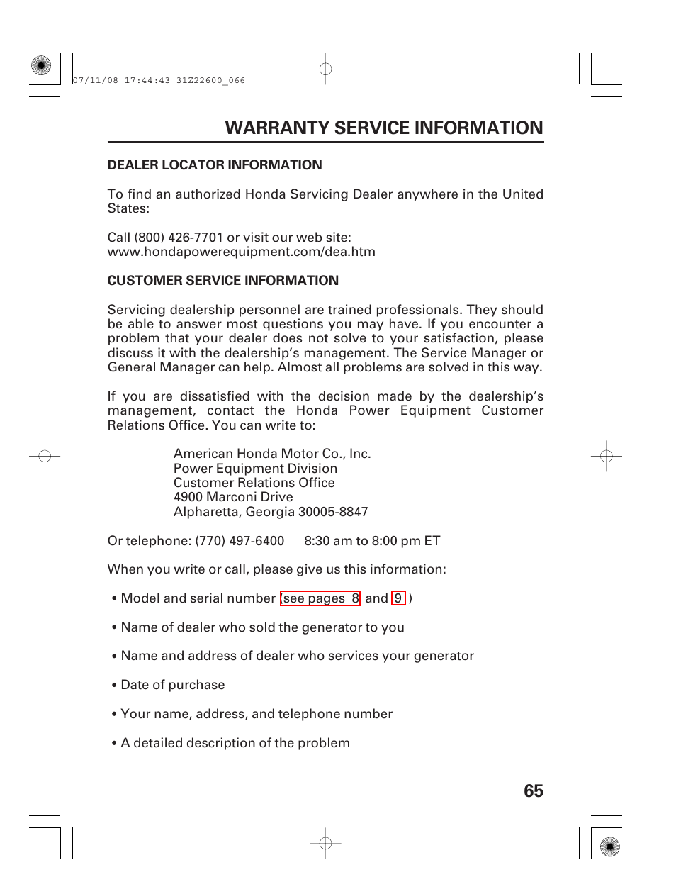 Warranty service information, Dealer locator information, Customer service information | 65 warranty service information | HONDA EB5000X User Manual | Page 67 / 71