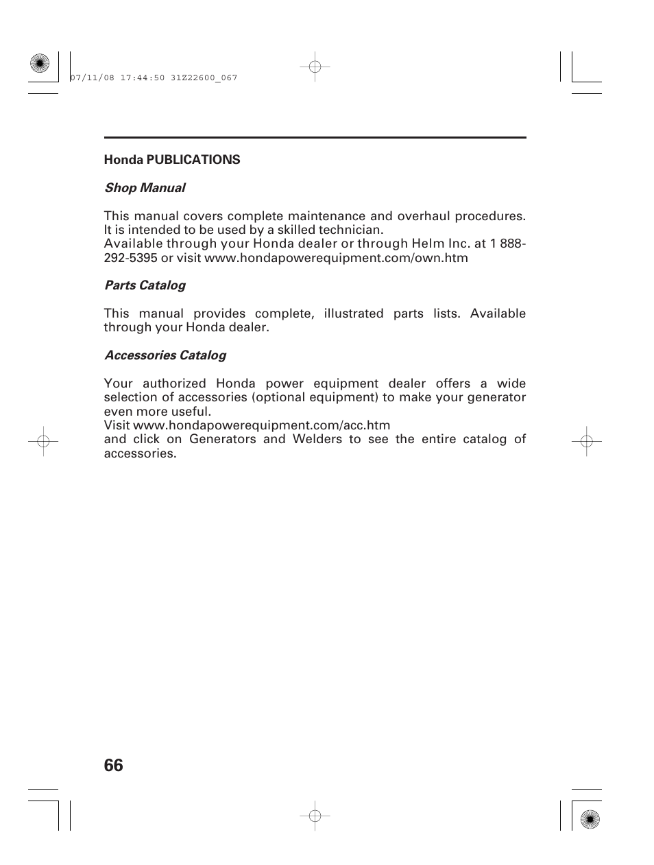 Honda publications | HONDA EB5000X User Manual | Page 68 / 71