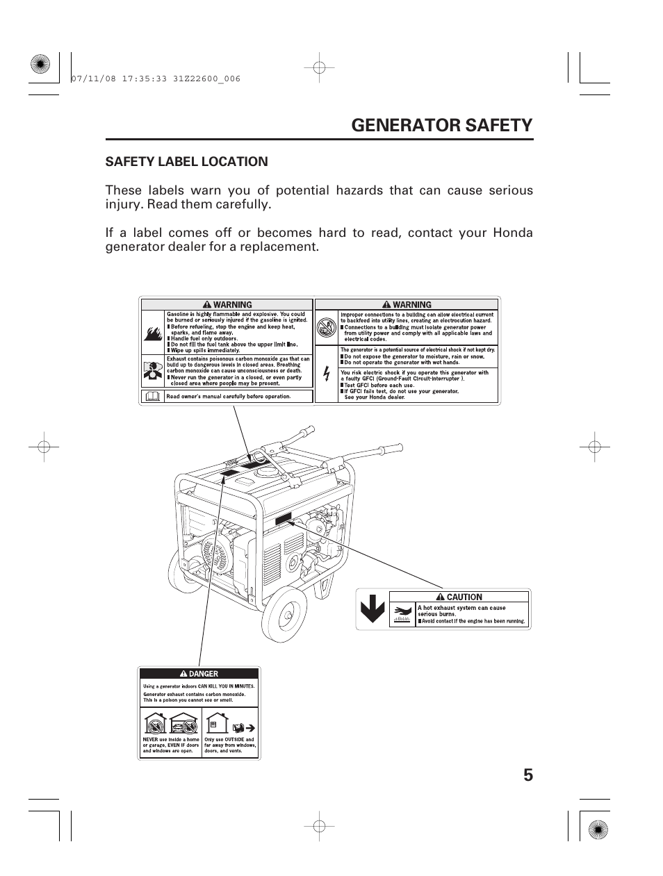 Generator safety, Safety label location, 5generator safety | HONDA EB5000X User Manual | Page 7 / 71