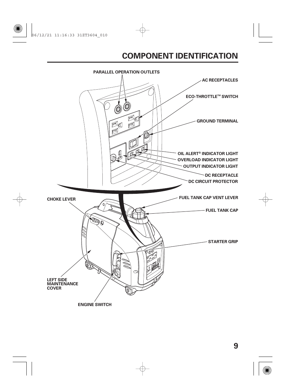 Component identification, 9component identification | HONDA EU 1000i User Manual | Page 11 / 75