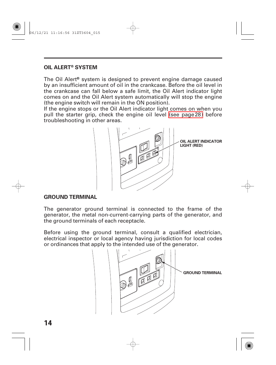 Oil alert® system, Ground terminal | HONDA EU 1000i User Manual | Page 16 / 75