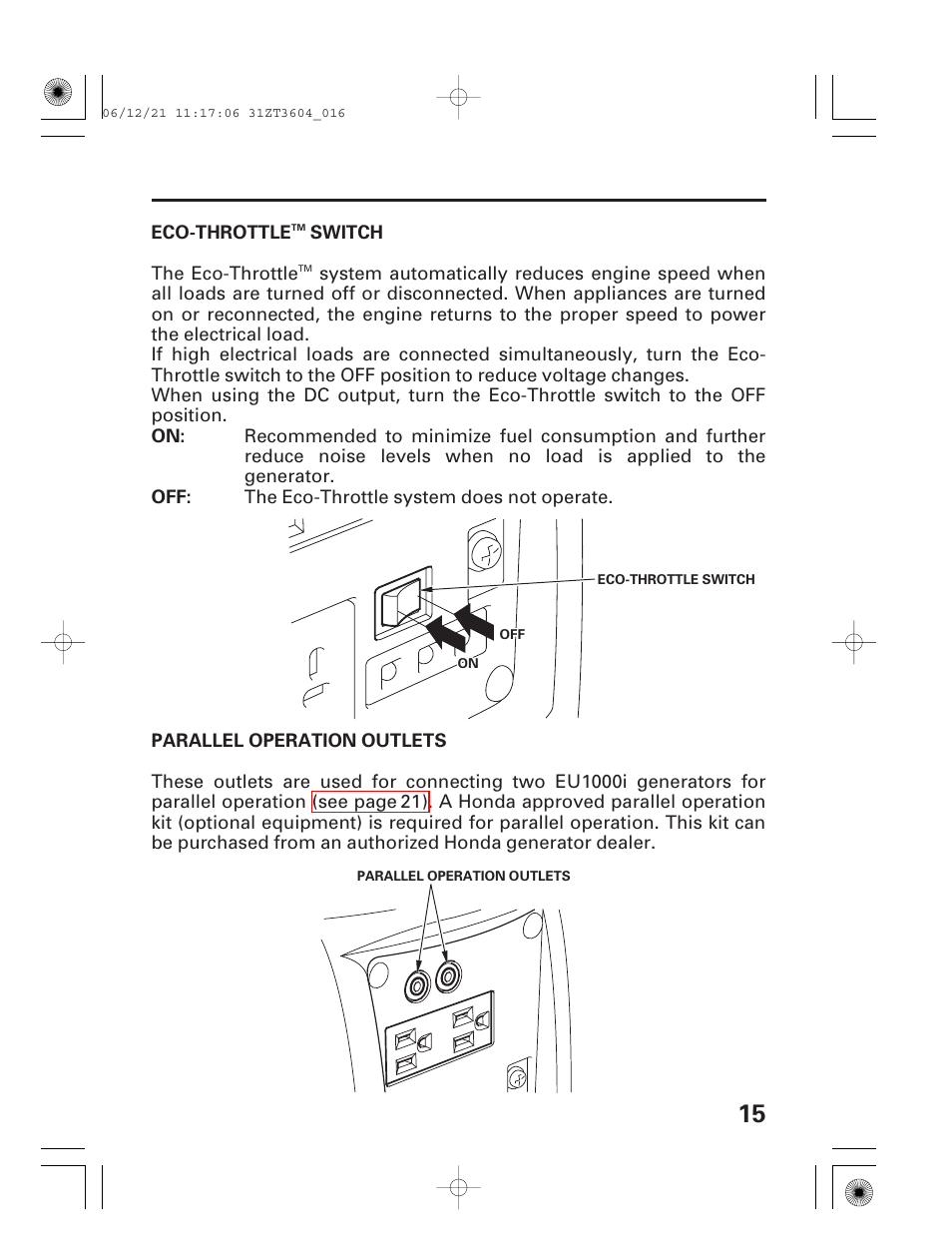 Eco-throttle™ switch, Parallel operation outlets | HONDA EU 1000i User Manual | Page 17 / 75