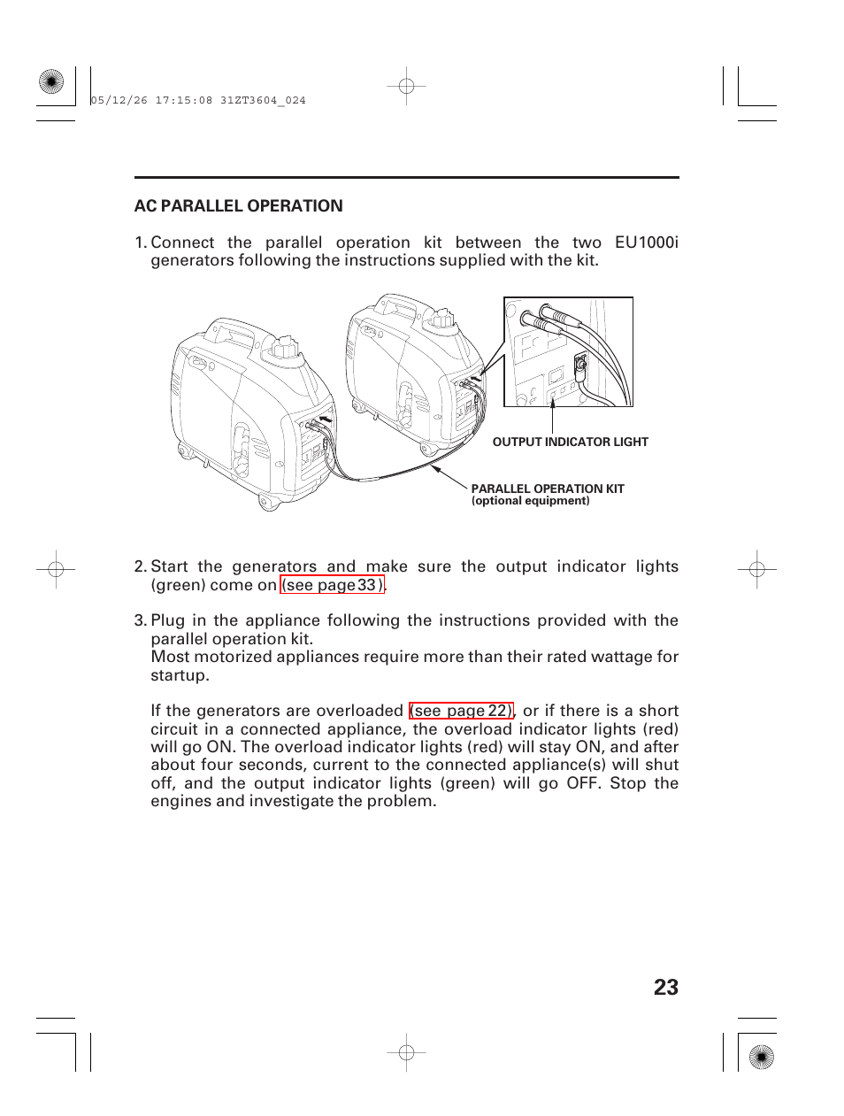Ac parallel operation | HONDA EU 1000i User Manual | Page 25 / 75