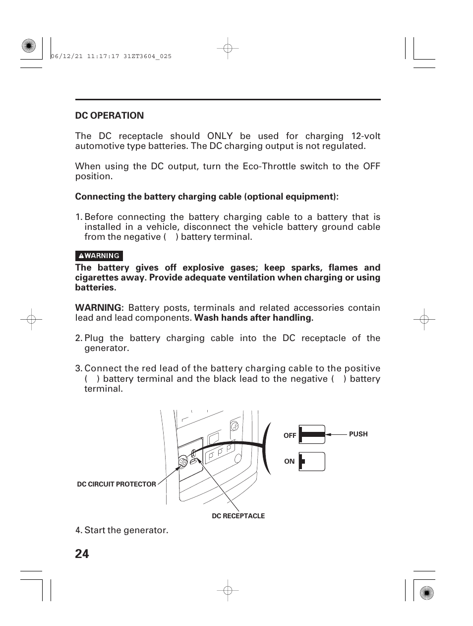 Dc operation | HONDA EU 1000i User Manual | Page 26 / 75