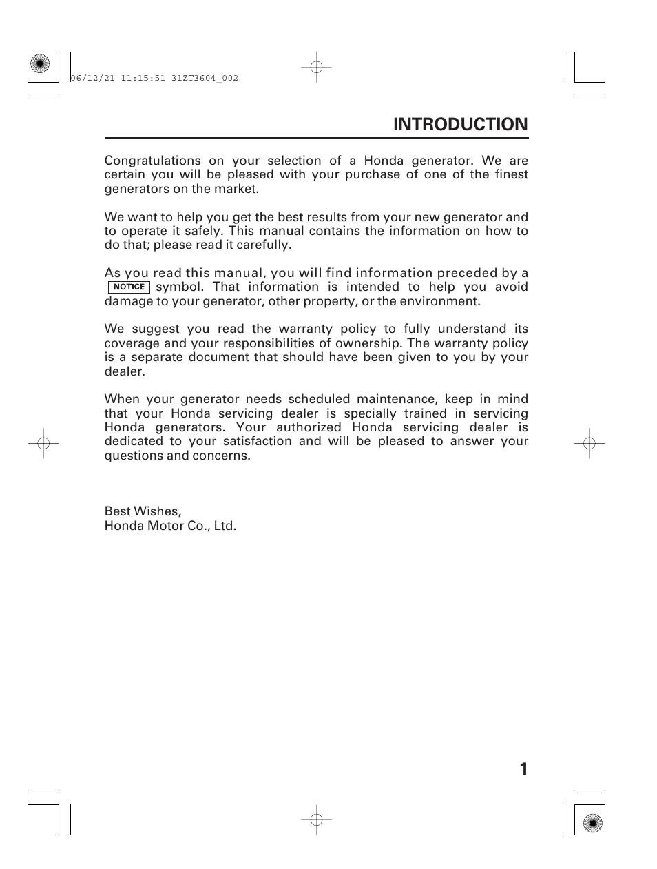 Introduction, 1introduction | HONDA EU 1000i User Manual | Page 3 / 75