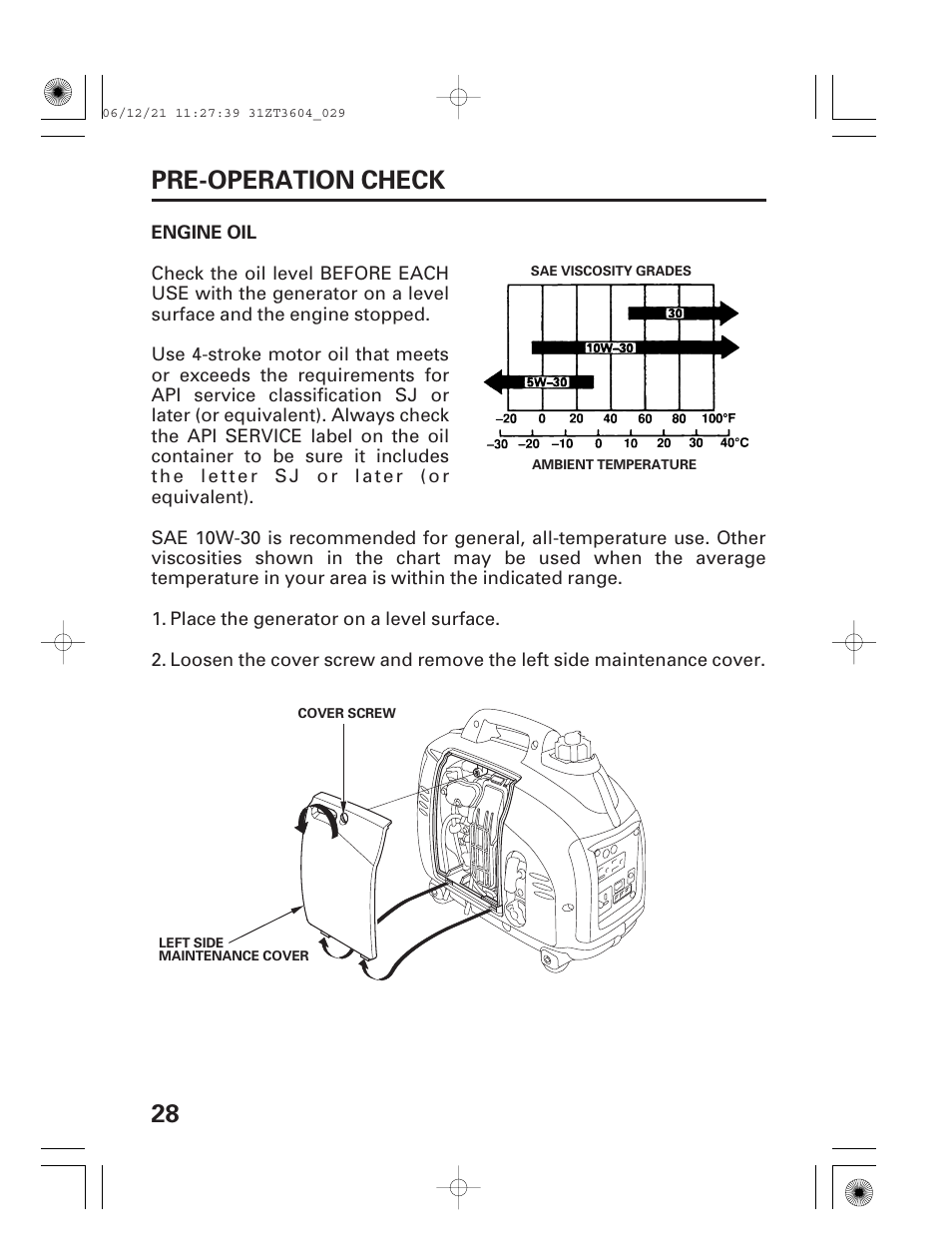 Pre-operation check, Engine oil, 28 pre-operation check | HONDA EU 1000i User Manual | Page 30 / 75