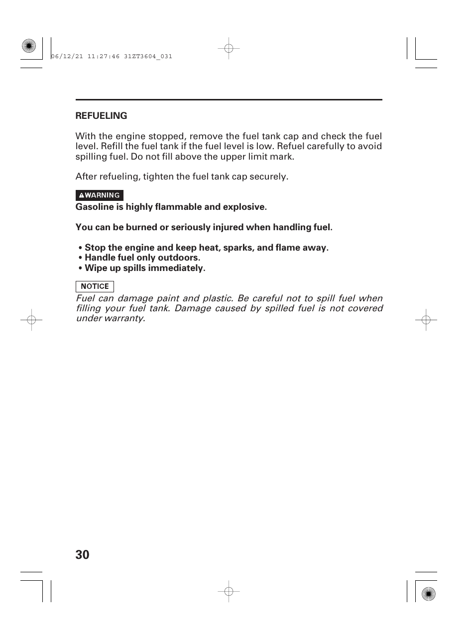 Refueling | HONDA EU 1000i User Manual | Page 32 / 75