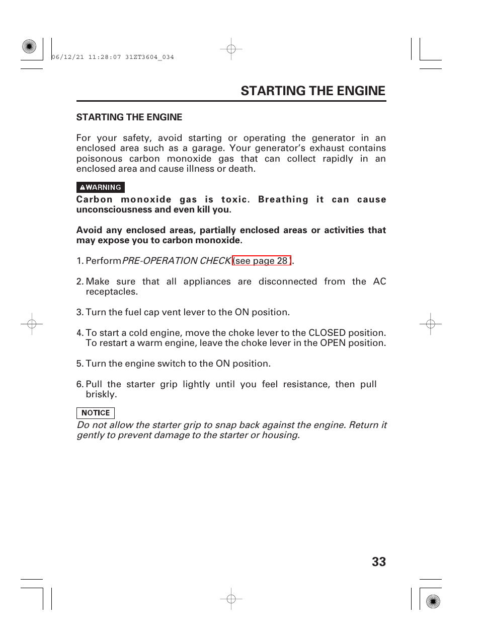 Starting the engine, 33 starting the engine | HONDA EU 1000i User Manual | Page 35 / 75