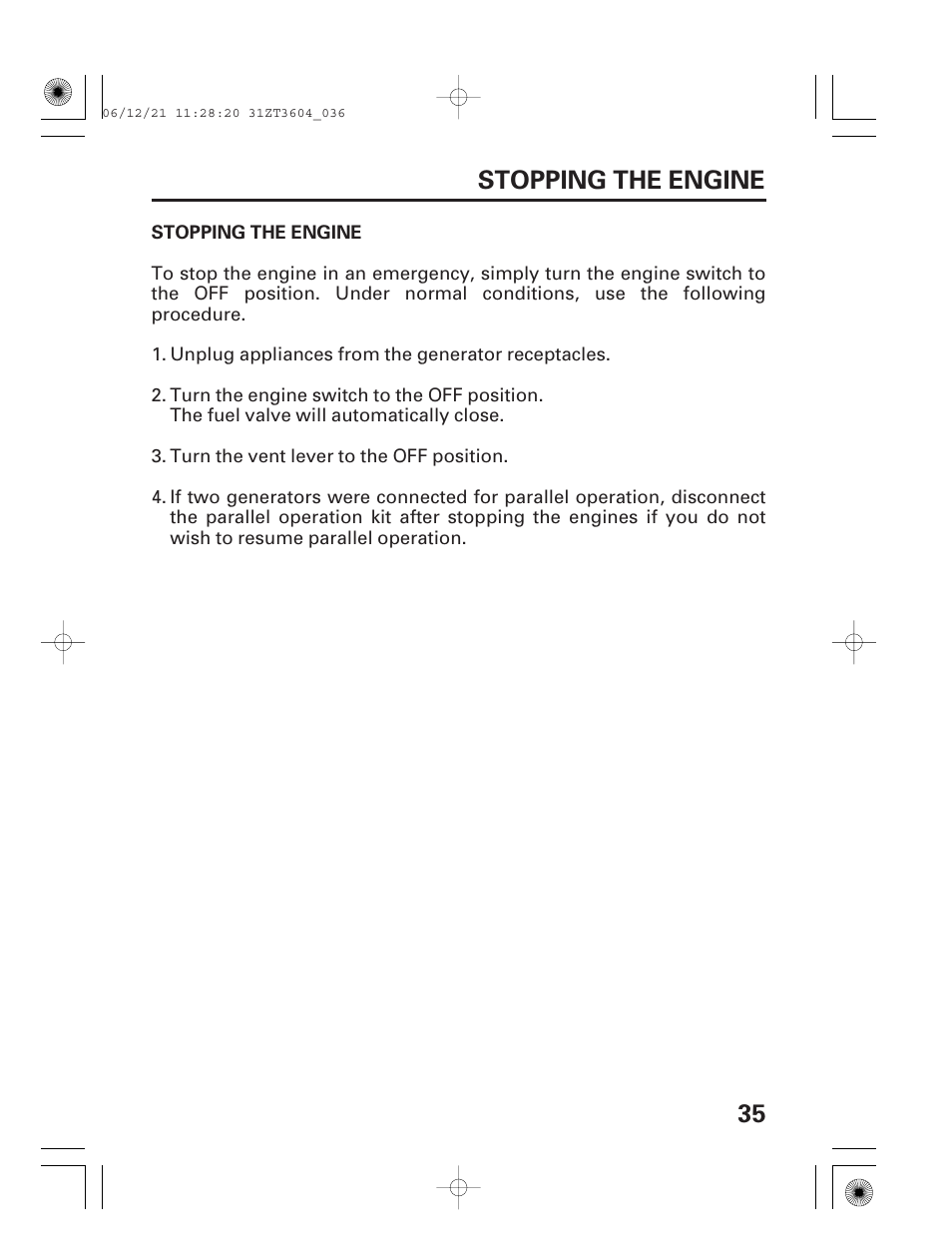 Stopping the engine, 35 stopping the engine | HONDA EU 1000i User Manual | Page 37 / 75
