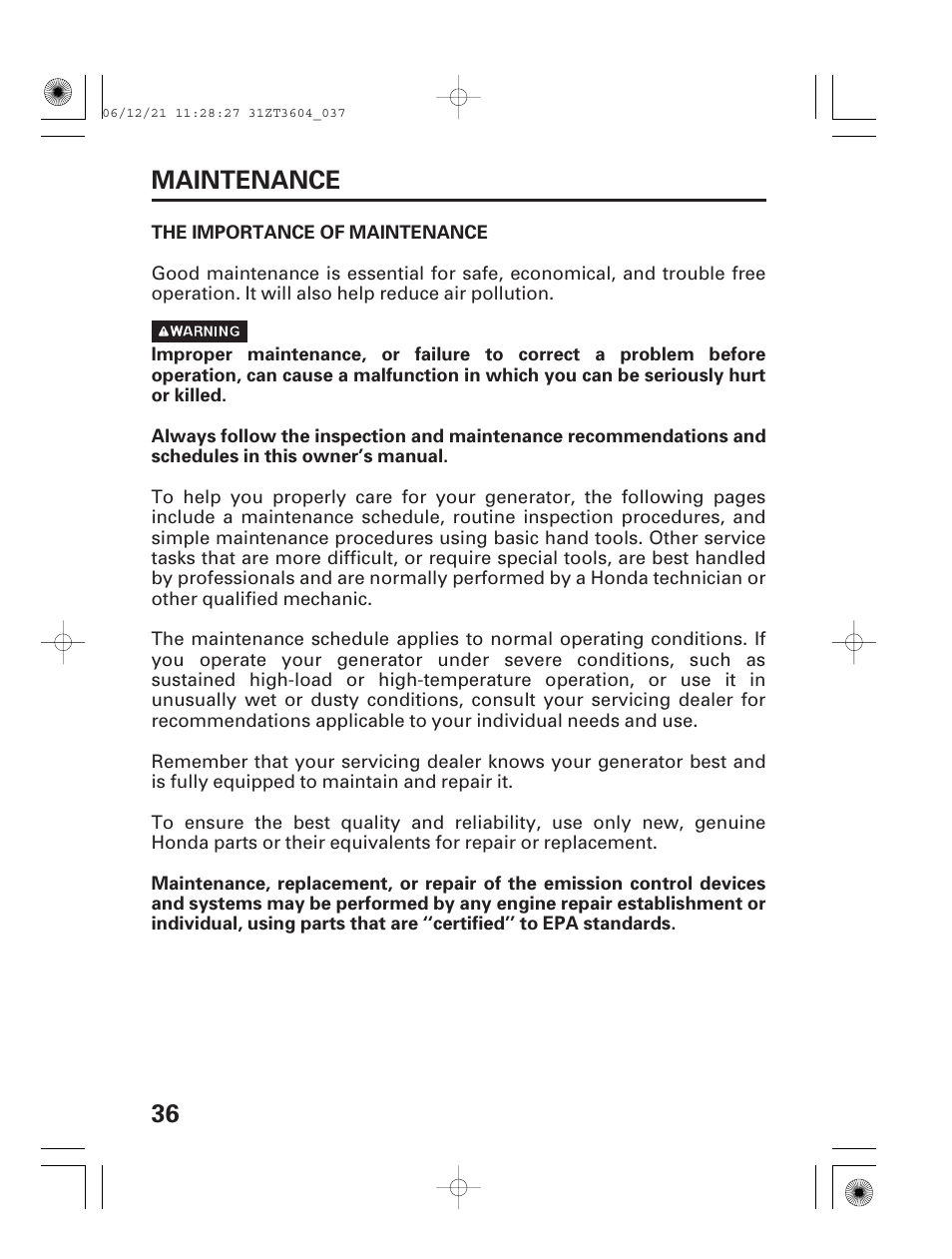 Maintenance, The importance of maintenance, 36 maintenance | HONDA EU 1000i User Manual | Page 38 / 75