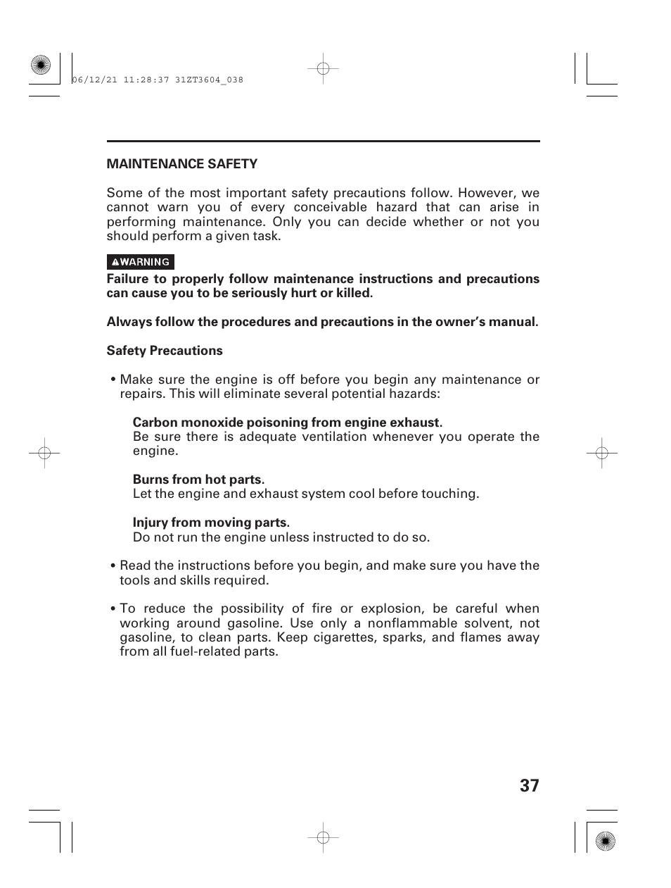 Maintenance safety | HONDA EU 1000i User Manual | Page 39 / 75