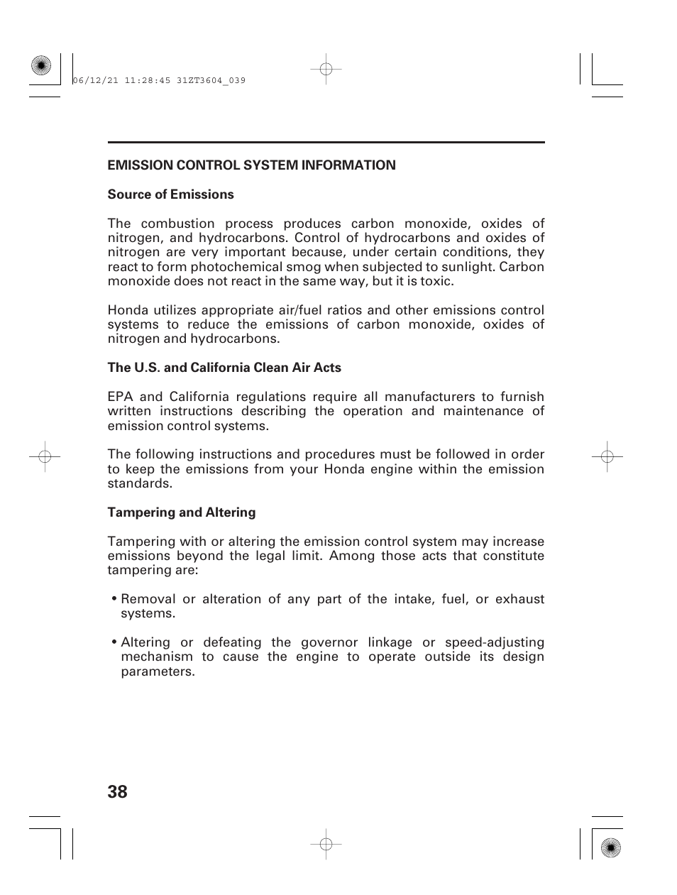 Emission control system information | HONDA EU 1000i User Manual | Page 40 / 75