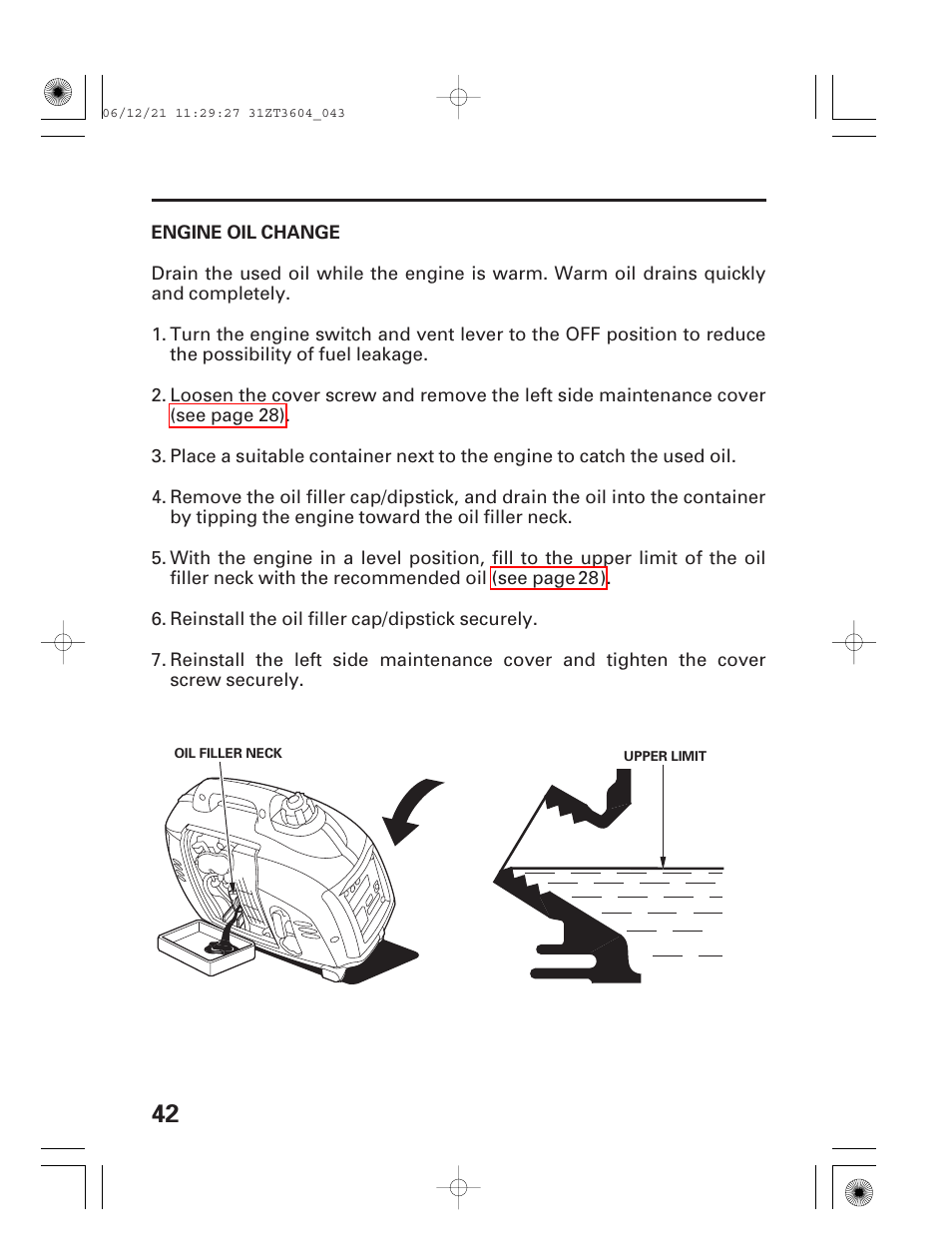 Engine oil change | HONDA EU 1000i User Manual | Page 44 / 75