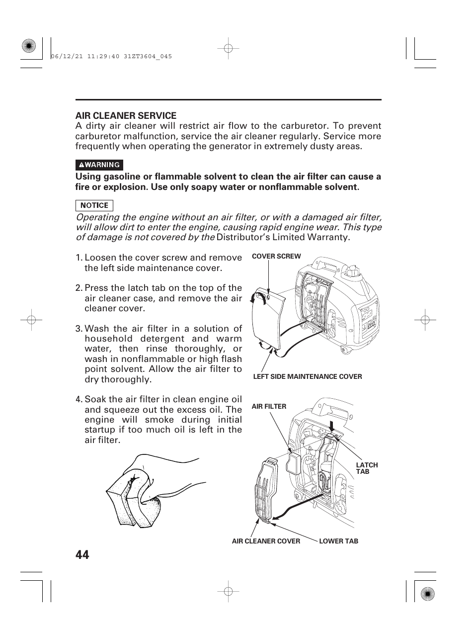 Air cleaner service | HONDA EU 1000i User Manual | Page 46 / 75