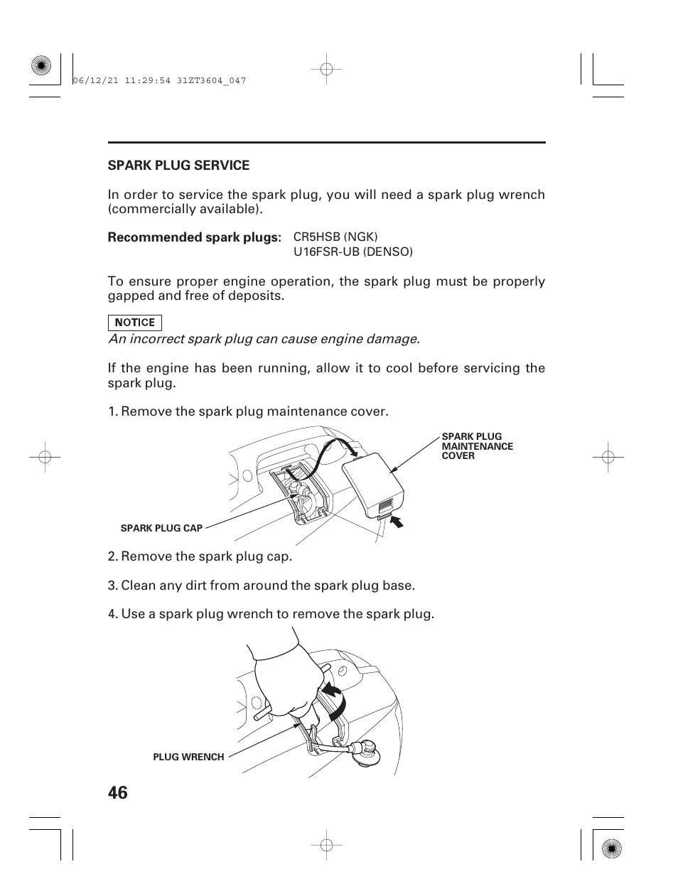 Spark plug service | HONDA EU 1000i User Manual | Page 48 / 75