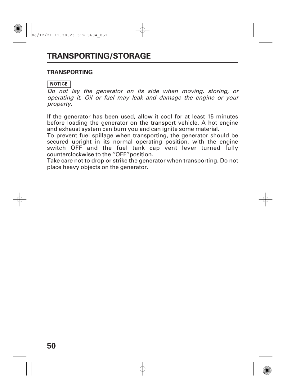 Transporting, Transporting/storage, 50 transporting/storage | HONDA EU 1000i User Manual | Page 52 / 75