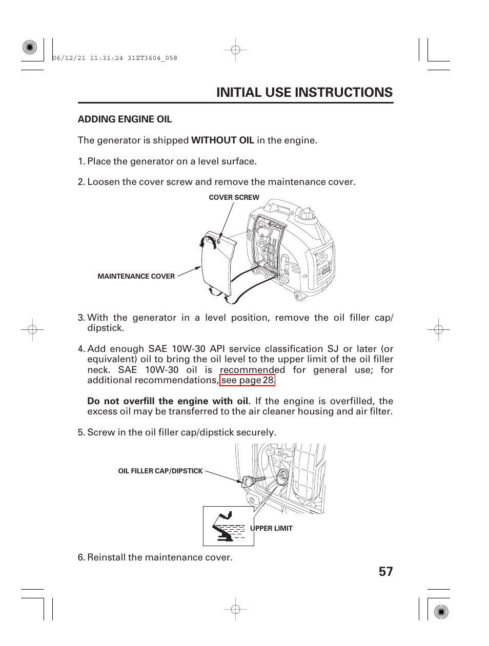 Initial use instructions, Adding engine oil, 57 initial use instructions | HONDA EU 1000i User Manual | Page 59 / 75