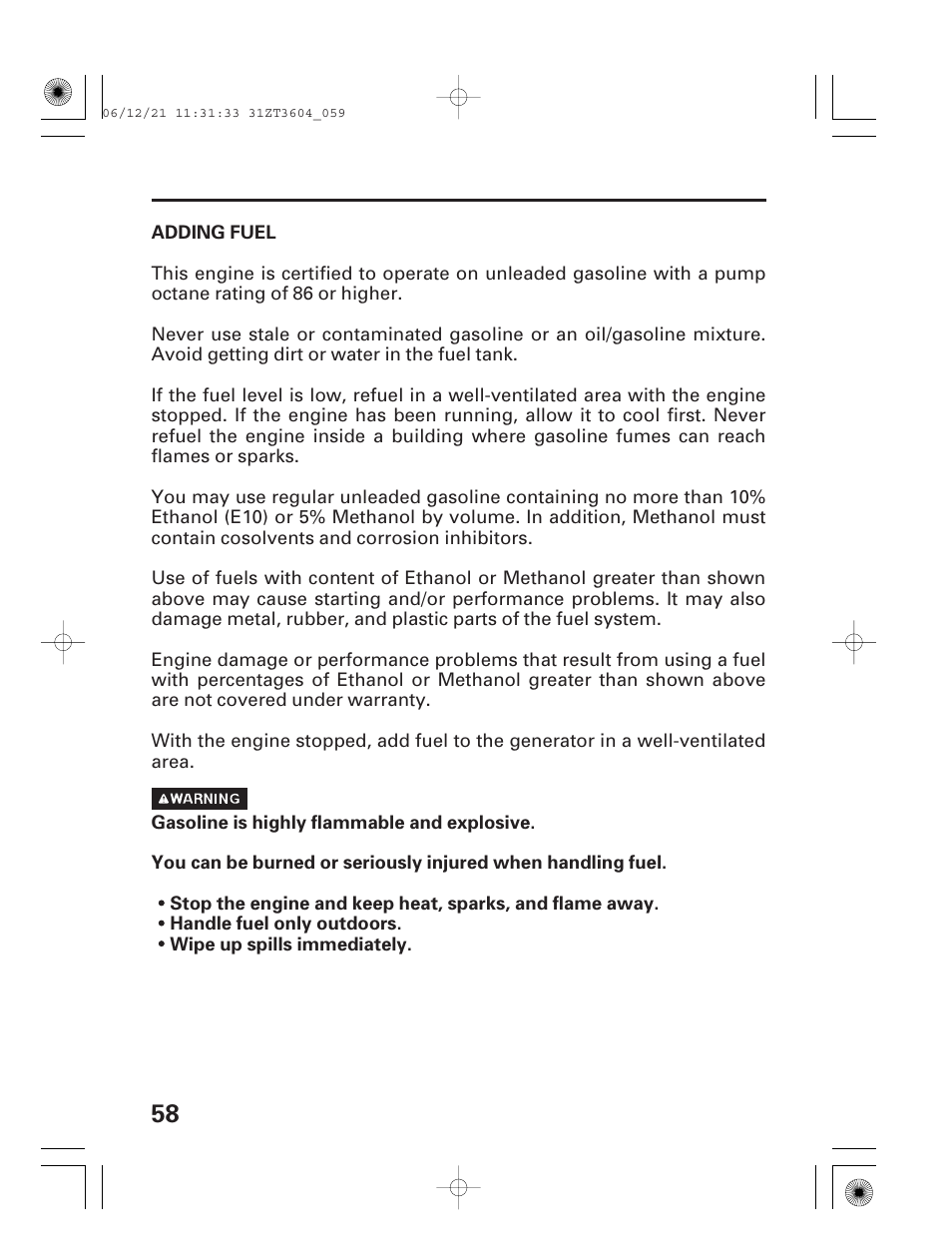 Adding fuel | HONDA EU 1000i User Manual | Page 60 / 75