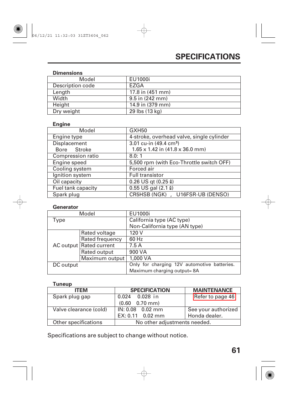 Specifications, 61 specifications | HONDA EU 1000i User Manual | Page 63 / 75