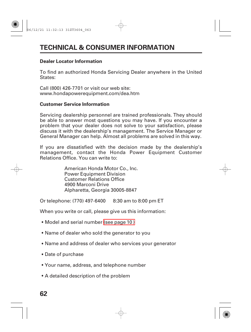 Technical & consumer information, Dealer locator information, Customer service information | 62 technical & consumer information | HONDA EU 1000i User Manual | Page 64 / 75
