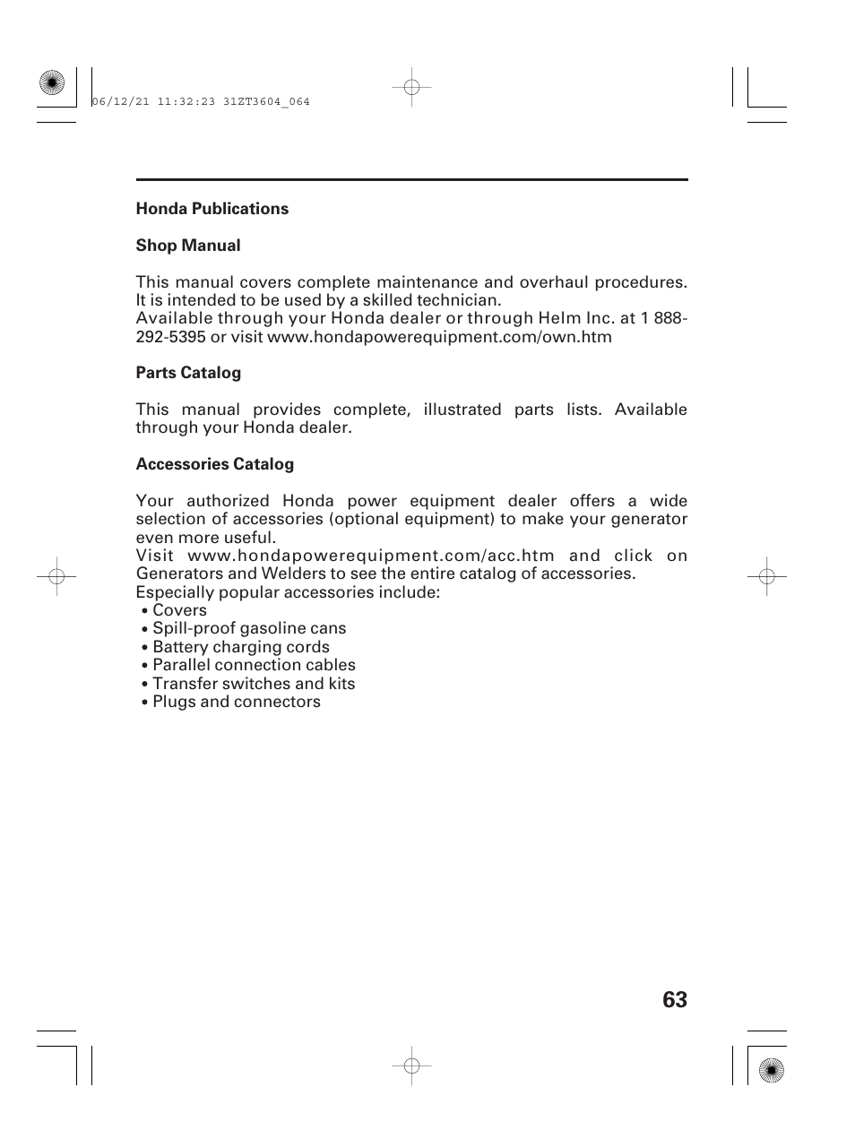 Honda publications | HONDA EU 1000i User Manual | Page 65 / 75
