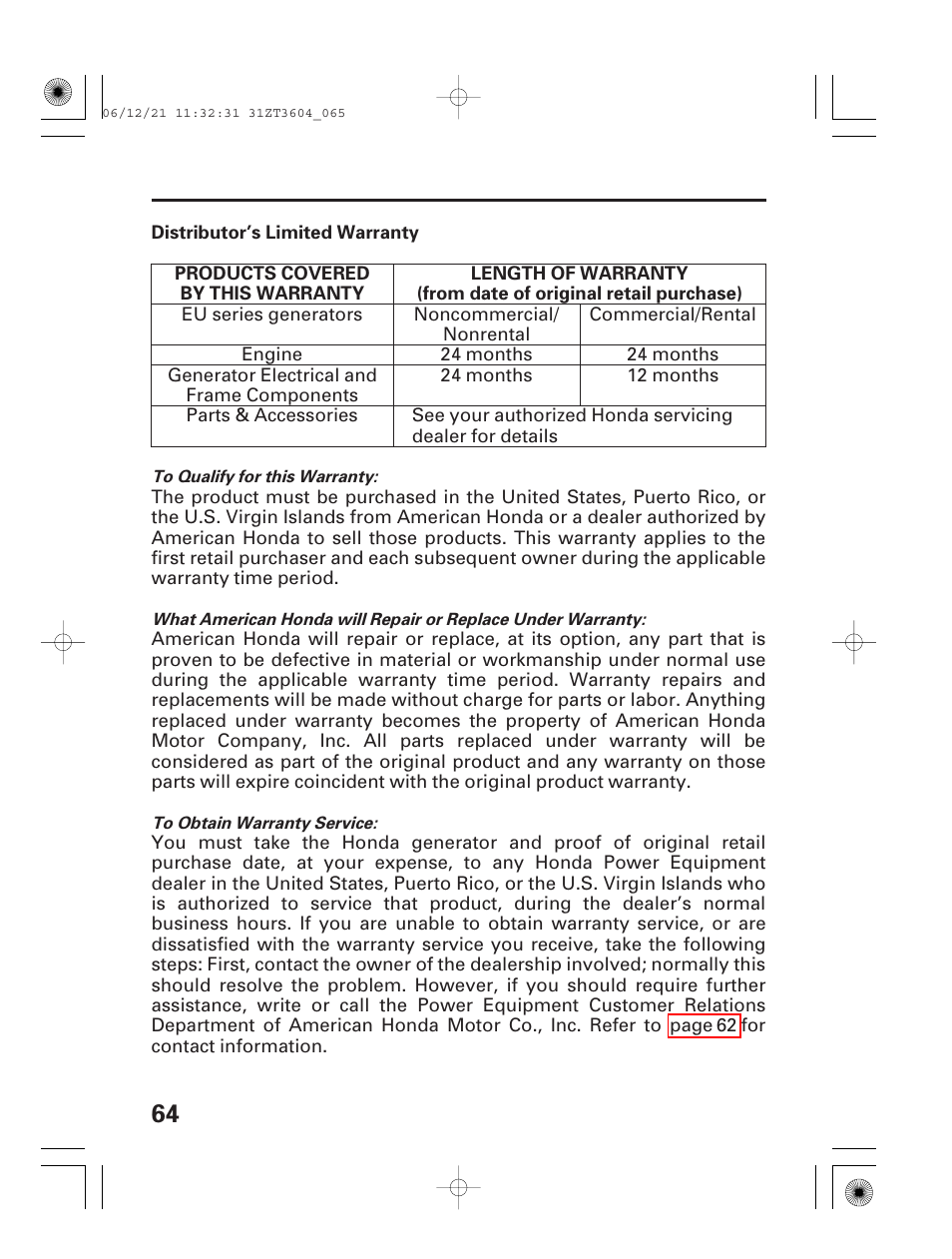 Distributor's limited warranty | HONDA EU 1000i User Manual | Page 66 / 75